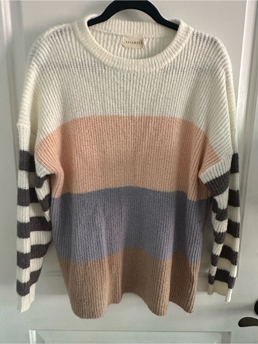 Dreamers Cream, Peach & Blue/Purple Striped Crewneck Sweater